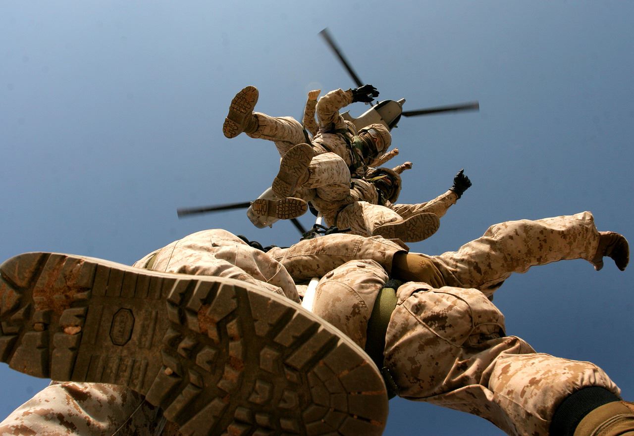 Military People Jumping from Helicopter